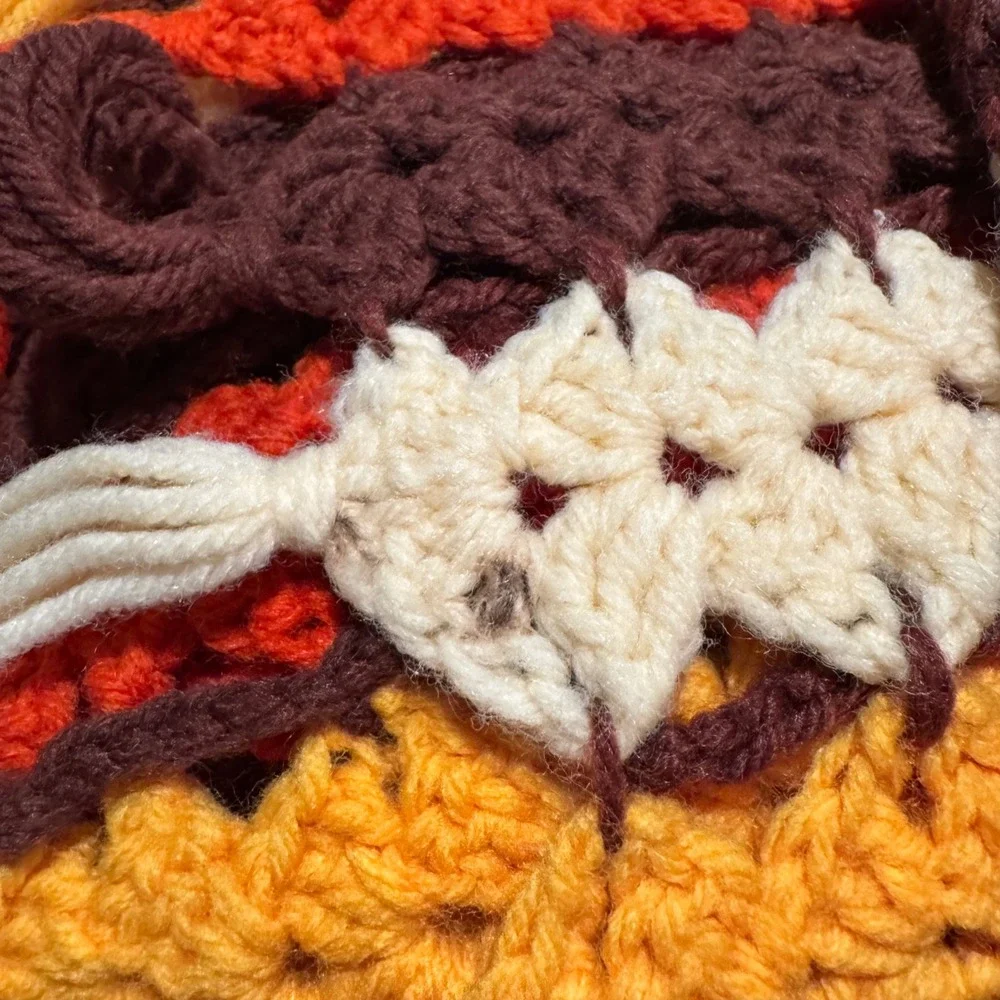 Vintage Handmade Vertical Striped Crochet Throw Blanket Retro‎ Tassels Flawed